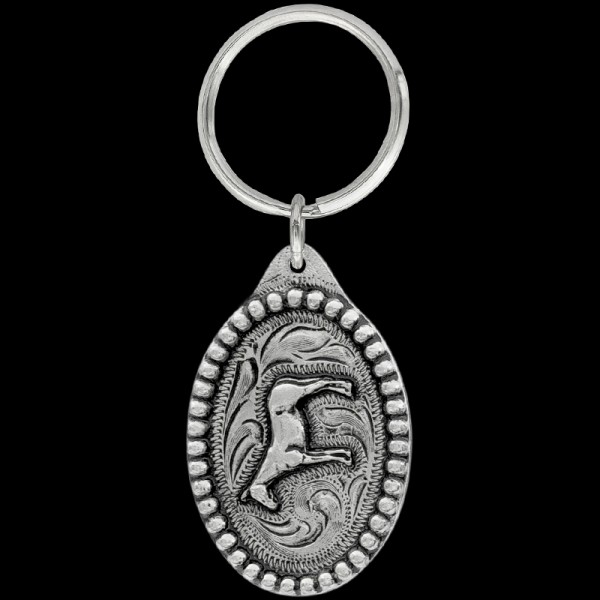 Standing Mule Keychain, The Standing Mule keychain includes a beaded border, a 3D mule figure and a key ring attachment. Each silver key chain is built with our white metal alloy.